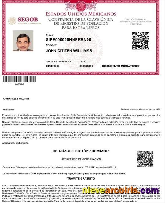 Mexico Registro de Poblacion de Mexico (CURP number)